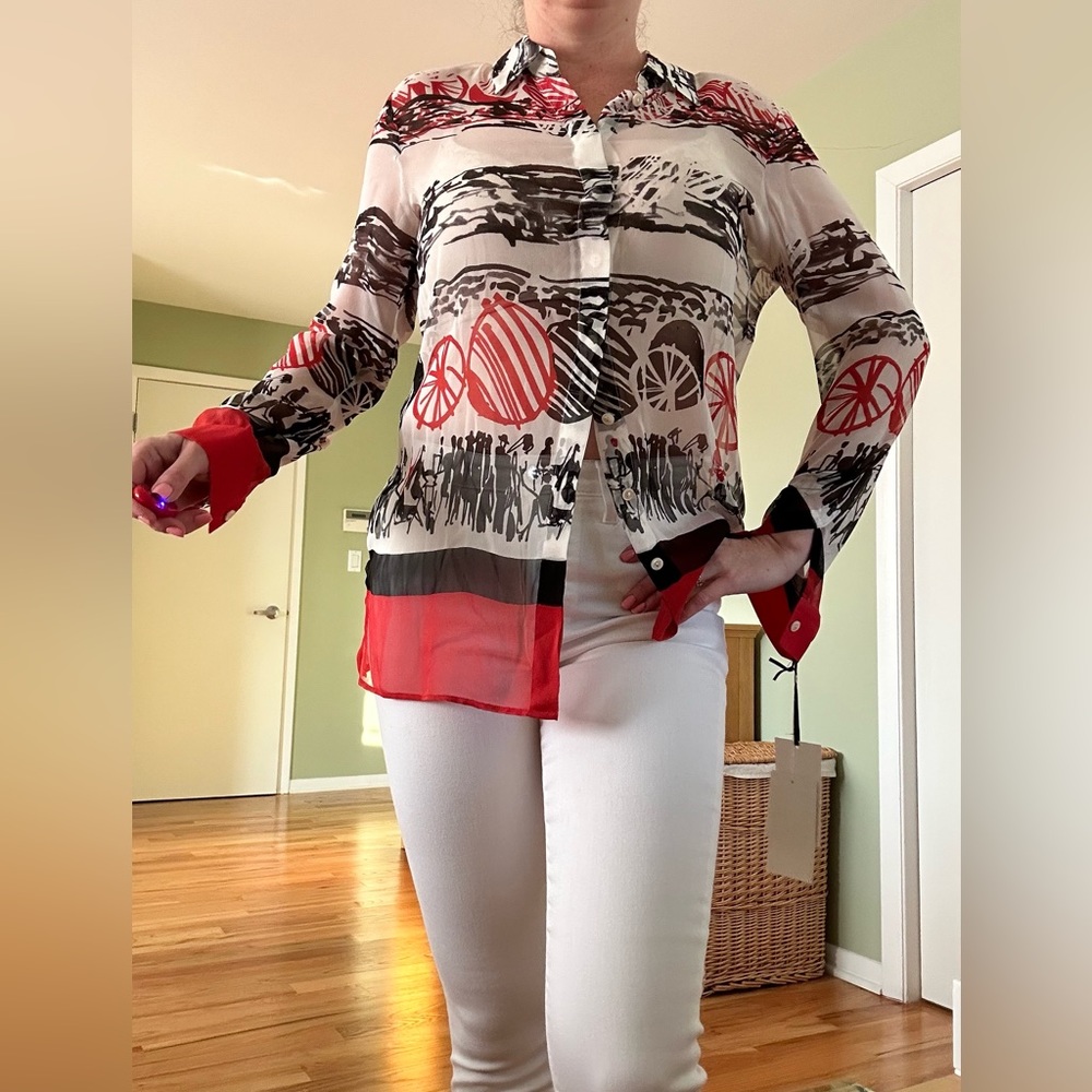 100% silk button down red white and black blouse see through silk top size P